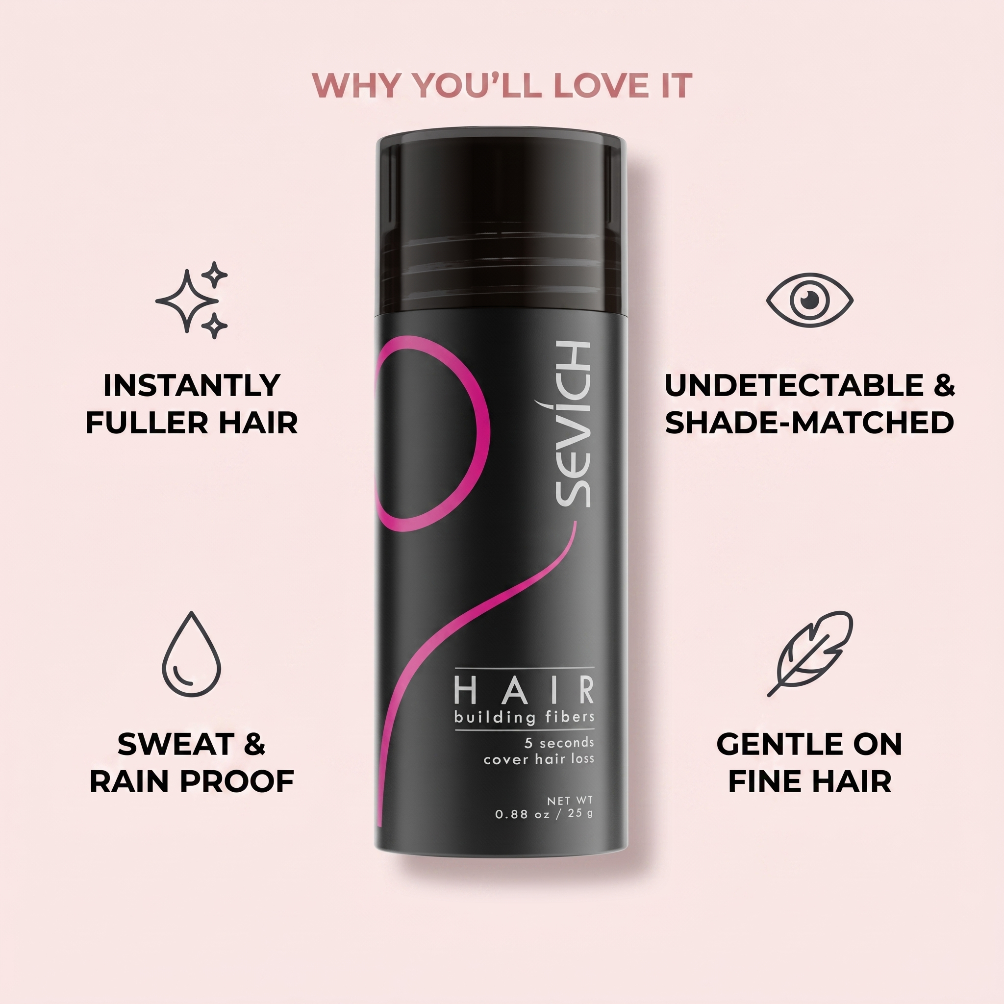 CrownFill benefits: fuller-looking hair in 30 seconds, blends into your shade, holds all day